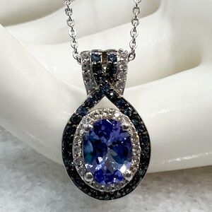 Tanzanite Multigemstone Sterling Silver Double Halo Pendant 20” Necklace